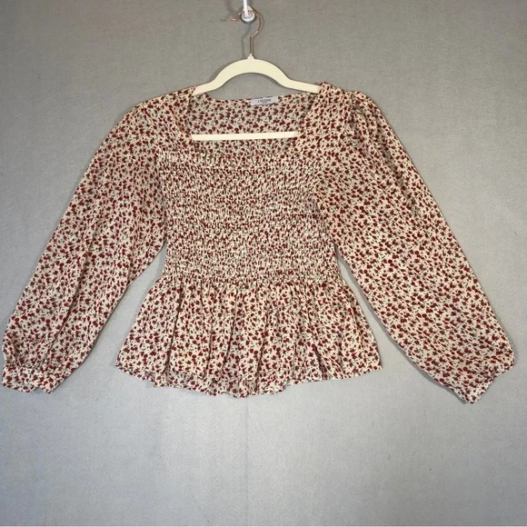 Smocked Square-Neck Blouse in Cream with Red Floral Print - Picture 2 of 10